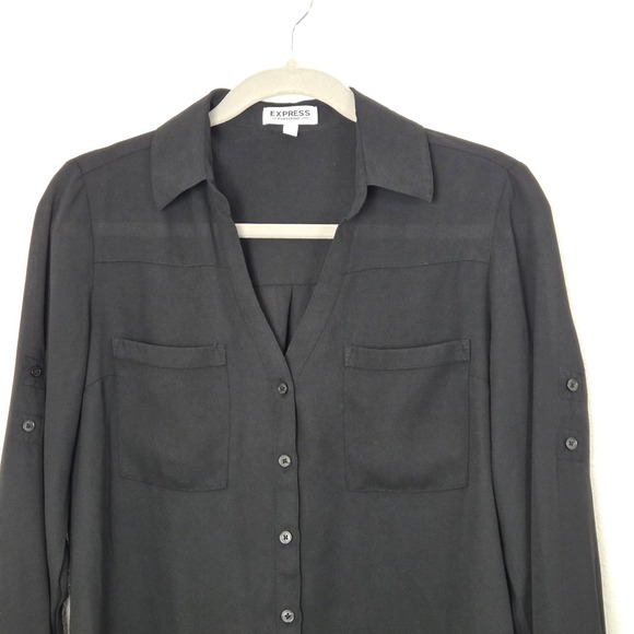 Express Portofino Shirt Womens Small Black Button Up Roll Tab Sleeve Blouse - Picture 2 of 8